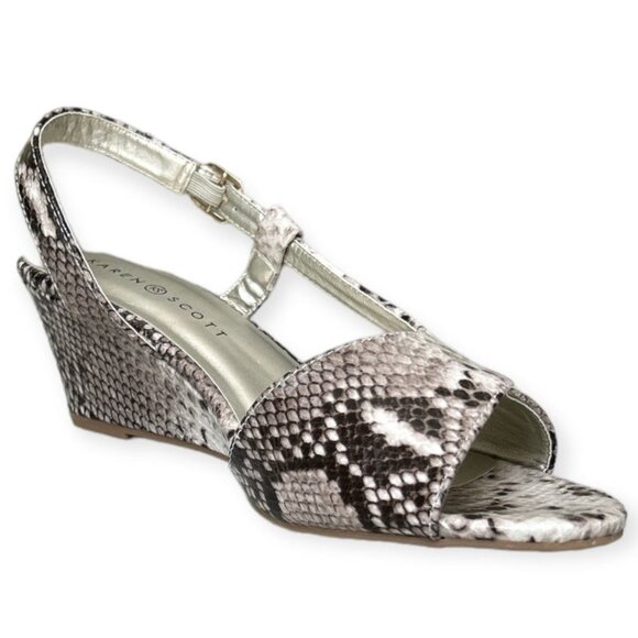 KAREN SCOTT DENA Women's Slingback Wedge Heels Dress Sandals Brown Snake Patent  - Picture 2 of 11
